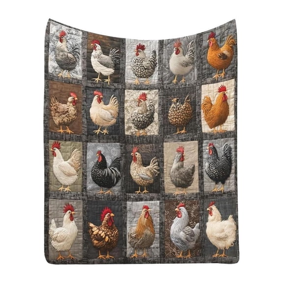 Colorful Rooster Plaids Flannel Throw Blanket Funny Chicken Print Farm Quilt