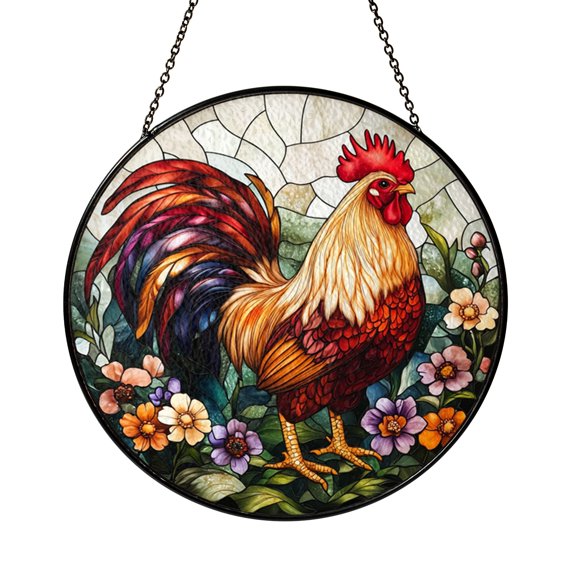 Colorful Rooster Portrait Stained Glass Style Window Decor, Farmhouse Hanging Art Panel