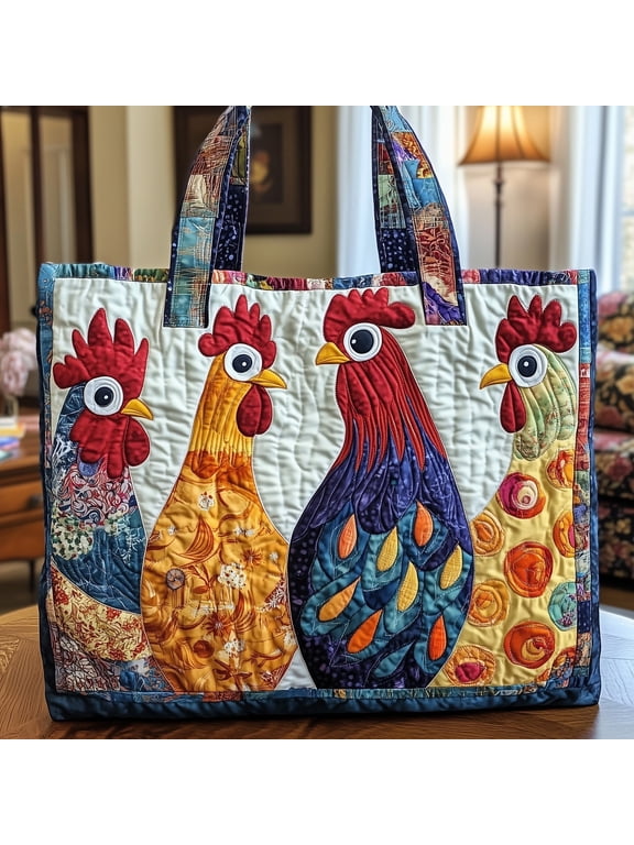 Colorful Rooster Quilted Tote Bag, Farm Chicken Pattern Shoulder Tote, Cottagecore Country Bag