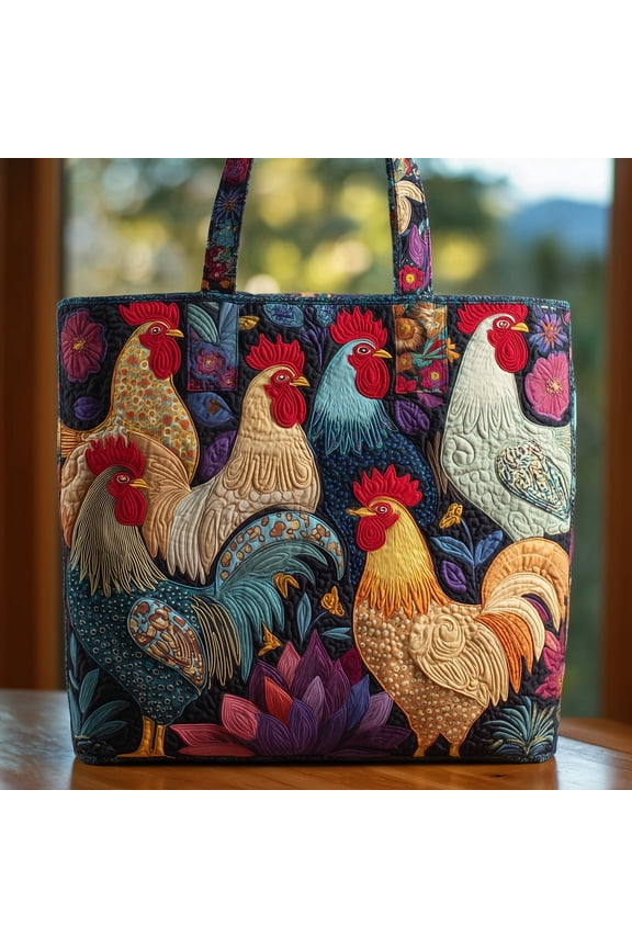 Colorful Rooster Quilted Tote Bag, Farm Chicken Pattern Shoulder Tote, Rustic Cottagecore Bag