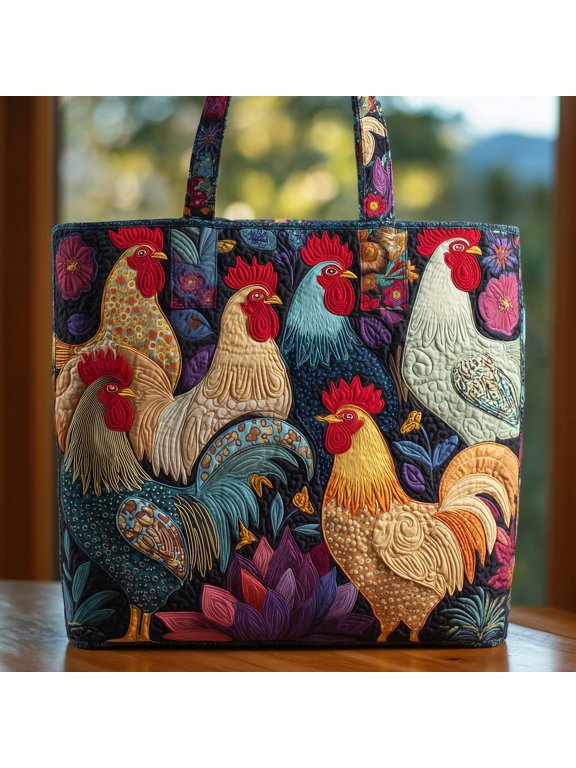 Colorful Rooster Quilted Tote Bag, Farm Chicken Pattern Shoulder Tote, Rustic Cottagecore Bag