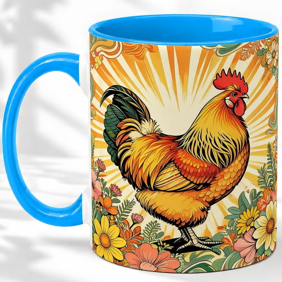 Colorful Rooster Sunburst Coffee Mug, Rooster Mug, Morning Tea Cup for Home, Farm Bird with Yellow Feathers and Green Tail, Retro Floral Border, Country Kitchen Accent, Poultry Lover