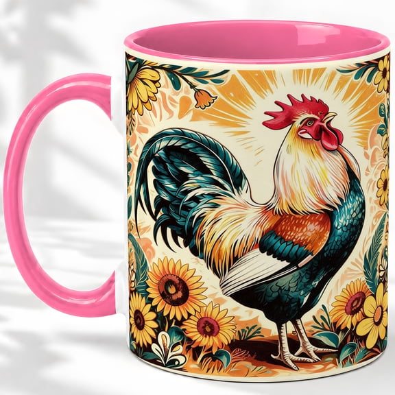 Colorful Rooster Sunflower Coffee Mug, Rooster Mug, Morning Tea Cup for Home, Farm Bird with Teal Tail Feathers and Yellow Blooms, Retro Folk Art, Country Kitchen Accent, Poultry Lover