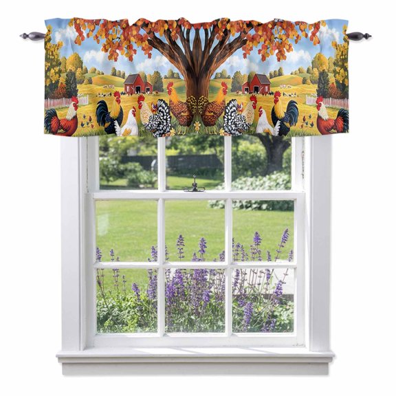 Colorful Rooster Valances for Windows Vintage Farm Chick Maple Tree Flower Tree Farmhouse Rod Pocket Cafe Window Treatments Valance Curtains for Kitchen Bathroom Laundry Basement Windows 60"x18"