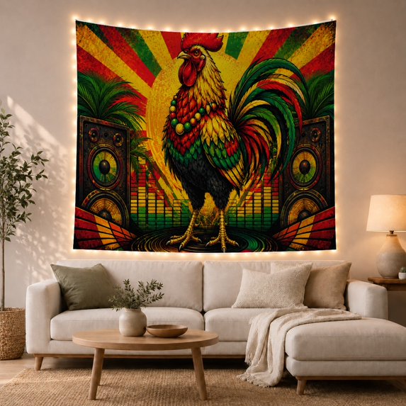 Colorful Rooster on a Vinyl Record Between Speakers, Nostalgic Retro for Music Lovers, Rhythm Wall Art, Birthday Gift, Tapestry Wall Hanging for Gaming Room and Studio