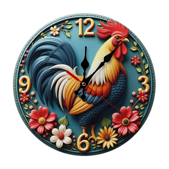 Colorful Rooster Wall Clock 10 Inch Silent Non Ticking Round Clock Decoration for Living Room Kitchen Bedroom Bathroom Office Classroom