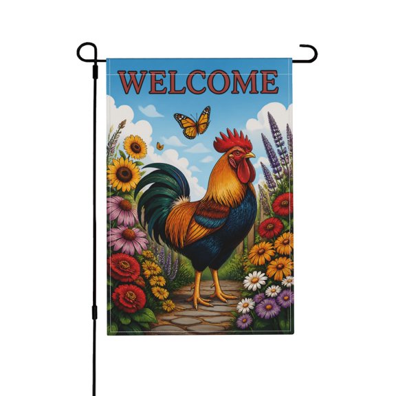 Colorful Rooster Welcome Floral Farm Animal Garden Flag for Yard Porch Lawn Seasonal Farmhouse Country Home Decor 12x18 in