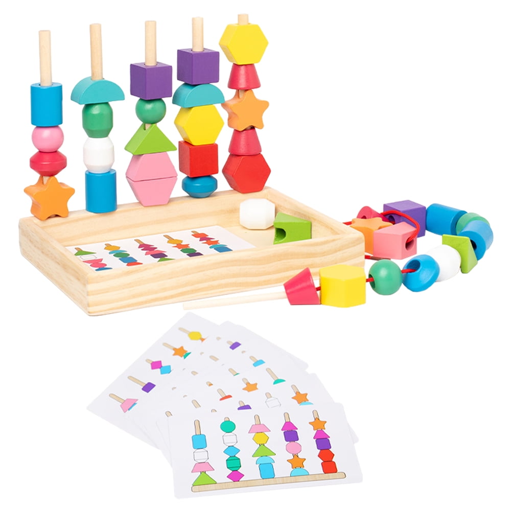 Colorful Rope Set Posts Lacing Beads Stacking Block Wooden Sequencing
