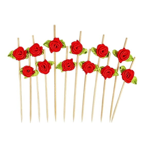 Colorful Rose Flower Bamboo Picks Decorative Fruit Toothpicks Disposable Appetizer Skewers for Wedding Bridal Shower Birthday Party Bar Drinks Food Platter Table Decor