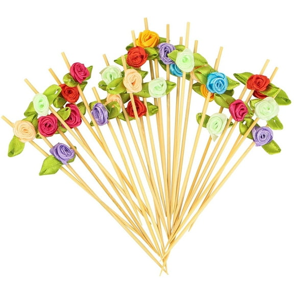 Colorful Rose Flower Cocktail Picks,Happon 100 Pcs 4.7 Inch Fancy Toothpicks for Appetizers,Handmade Bamboo Cocktail Picks,Fruit Skewers Food Picks for Wedding Valentines Holiday Party