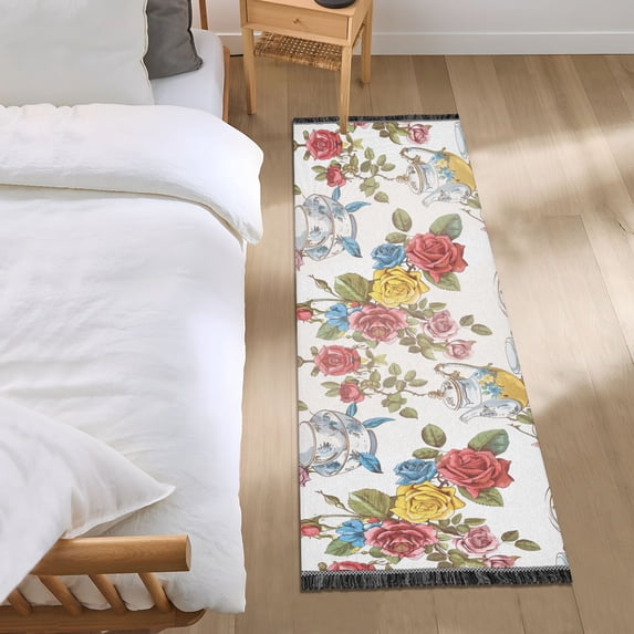 Colorful Rose Flower with Teapot Runner Area Rug 2x6 Soft Non-Slip Washable Bedside Carpet for Hallway Bedroom Living Room Home Decor