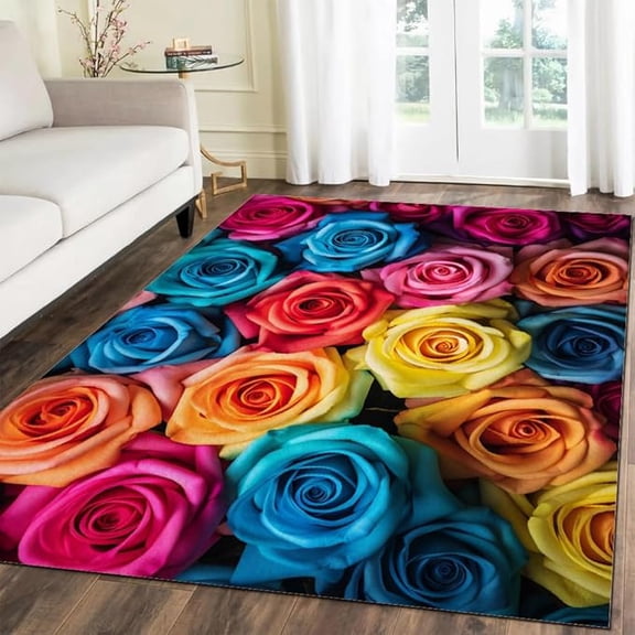 Colorful Rose Flowers Area Rugs, Multi Colored Petal 3D Pattern Print Carpet, Non-Slip Washable Area Decoration Rug, Bedroom Living Room Home Office Thermal Carpet Mat 4 x 5ft
