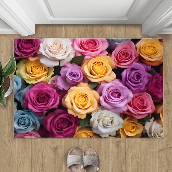 Colorful Rose Rugs for Entryway - 3D Roses Area Rug, 2x3 Rug, Blossom Flower Washable Non Slip Rugs, Aesthetics Carpet, Romantic Floral Carpet - Rose Home Decor Gifts for Women
