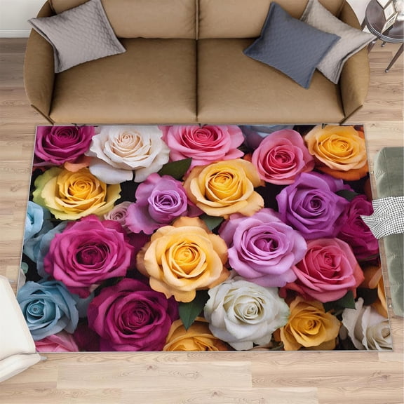 Colorful Rose Rugs for Living Room - 3D Roses Area Rug, 3x5 Rug, Blossom Flower Washable Non Slip Rugs, Aesthetics Carpet, Romantic Floral Carpet - Rose Home Decor Gifts for Women