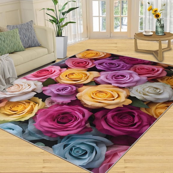 Colorful Rose Rugs for Living Room - 3D Roses Area Rug, 6x9 Rug, Blossom Flower Washable Non Slip Rugs, Aesthetics Carpet, Romantic Floral Carpet - Rose Home Decor Gifts for Women