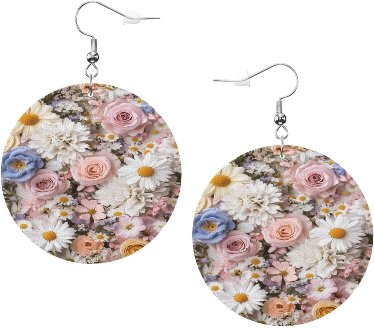 Colorful Rose Top Daisy Earrings for Women PU Leather Dangle Earrings, lightweight comfortable Round Shape Leather Teardrop Dangly Ear Pendants Jewelry Gift[x297]