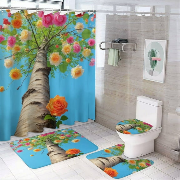 Colorful Rose Tree Sky View Shower Curtain Bathroom Sets Toilet Lid Rug, Bath Mat And Contour Mat, Shower Curtain 4Pcs