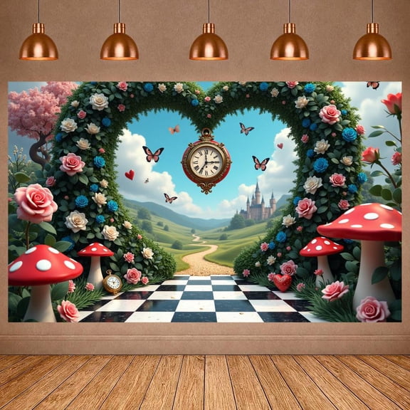 Colorful Roses Fairy Tale Banner Vintage Clock Wonderland Display Butterfly Accents Red Mushrooms Magical Backdrop for Birthday Parties Fairy Tale Events Photography Props