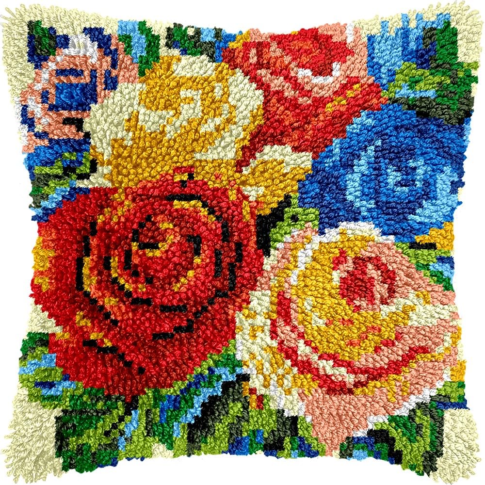 Colorful Roses Latch Hook Pillow Kits for DIY Throw Pillow Cushion Embroidery Latch Hooking Pillowcase Kits with Preprinted Canvas Crochet Yarn Kits for Home Decor 17''X 17''(C51)