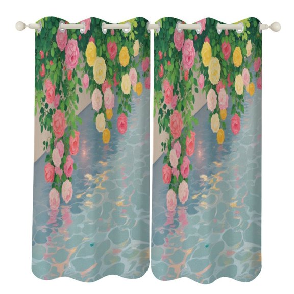 Colorful Roses Over Water 2pcs Blackout Curtains For Living Room Bedroom Grommet Top Window Set for Left And Right Biparting Open