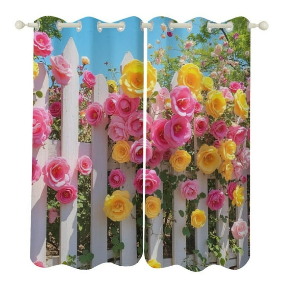 Colorful Roses on White Fence 2 Panels 3D Printing Pattern Curtain for Bedroom Living Room Kitchen Window Decoration Home