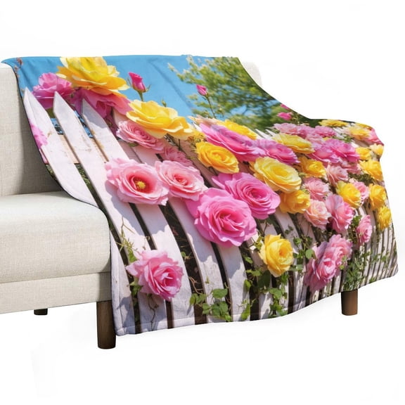 Colorful Roses on White Fence Blanket Soft Cozy Flannel Blanket for man women