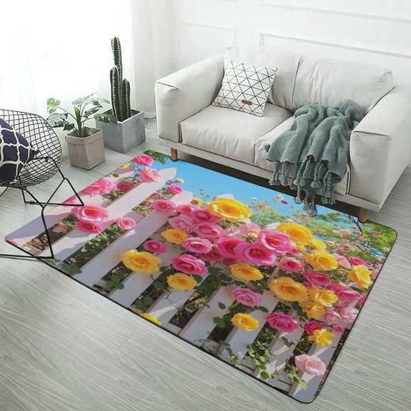 Colorful Roses on White Fence Carpet for Home Decoration Rugs Soft Carpet for Bedroom Room Living Room Bathroom Entrance Door Non-slip Comfort Mat