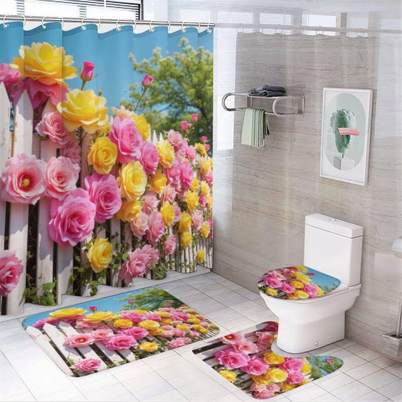 Colorful Roses on White Fence Shower Curtain Set Modern Bathroom Decor Mats 4pcs Fabric Bathroom Curtain Slip Floor Rug Toilet Lid