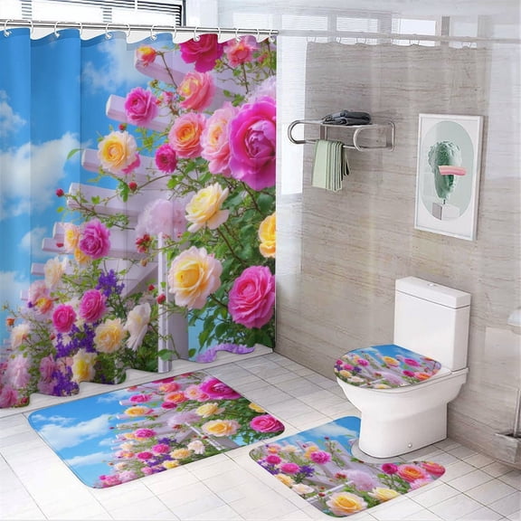 Colorful Roses on White Trellis Shower Curtain Waterproof Bathroom Curtain Set with Hooks Home Decor Bathroom Curtains 4pcs