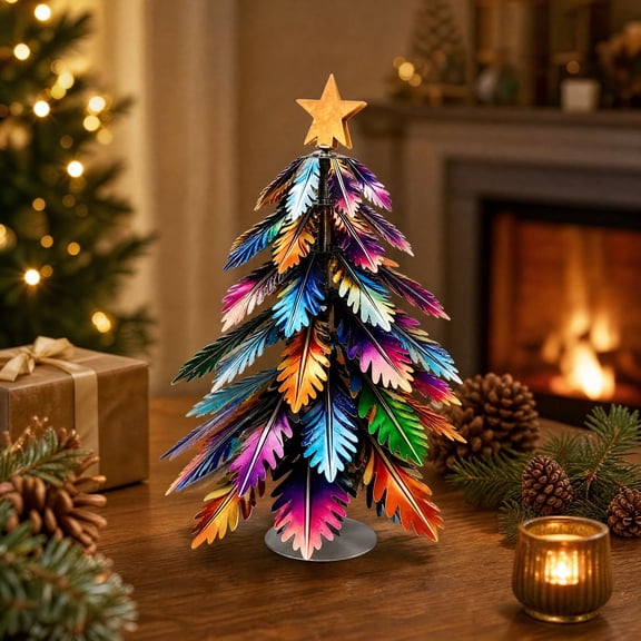 Colorful Rotating Christmas Tree, Layered Fabric Mini Tree with Gold Star, Tabletop Mantel Holiday Decor for Christmas Home Mantel Door Window Winter Holiday Decoration