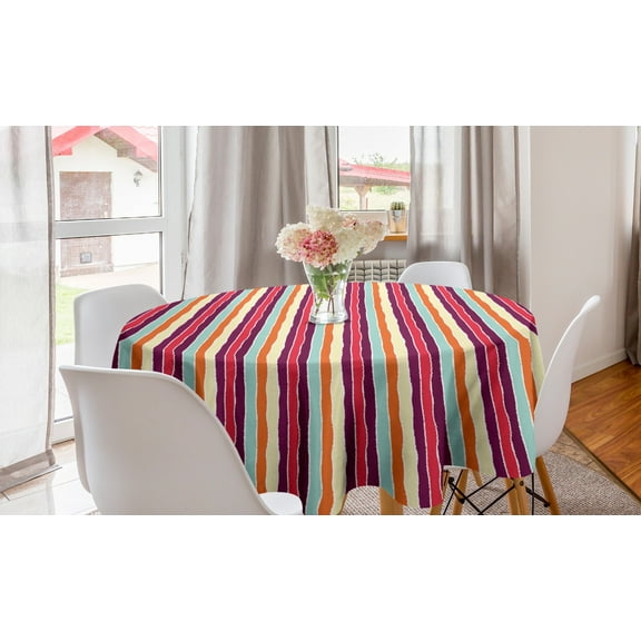 Colorful Round Tablecloth, Vertical Lines with Torn Paper Effect Tropical Colors Striped Pattern Summer Time, Circle Table Cloth Cover for Dining Room Kitchen Decor, 60", Multicolor, by Ambesonne