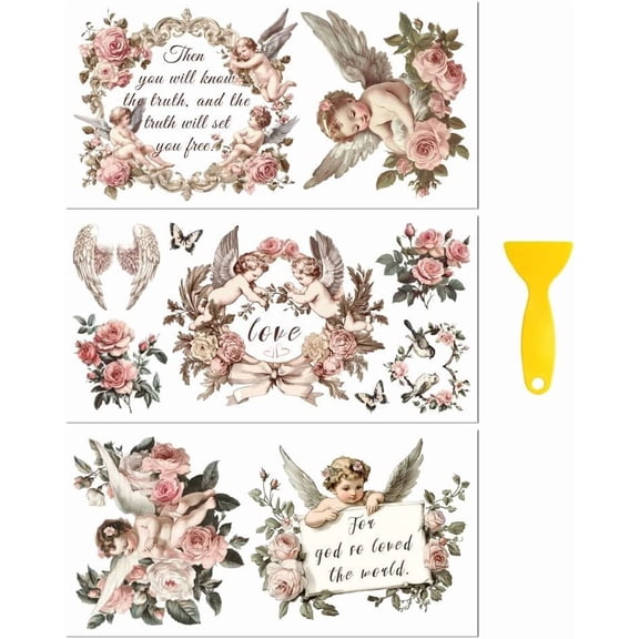 Colorful Rub on Transfer Decal Sticker for Furniture Craft Decor 6"x12" Retro Flower and Angels 3Pcs Waterproof UV DTF Transfer for Drawer Dresser Glass Porcelain Wood Plastic Window