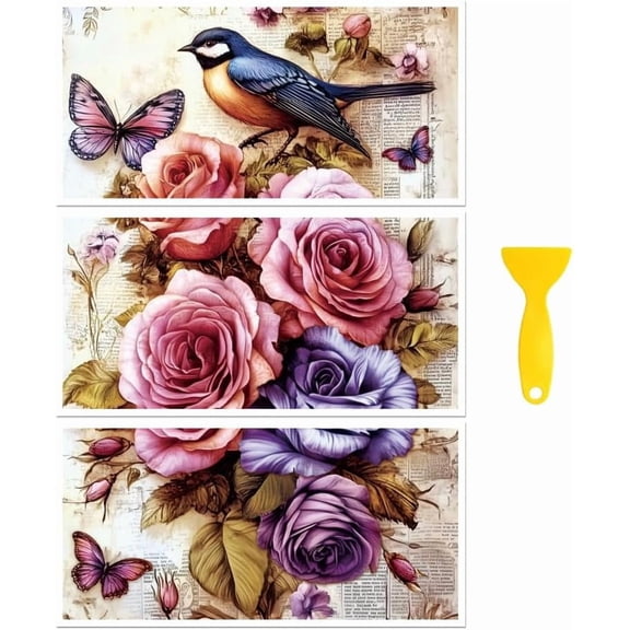 Colorful Rub on Transfer Decal Sticker for Furniture Craft Decor 6"x12" Vintage Flowers and Birds 3Pcs Waterproof UV DTF Transfer for Drawer Dresser Glass Porcelain Wood Plastic