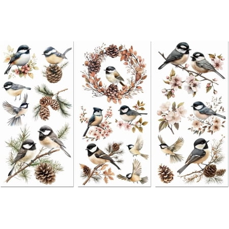 Colorful Rub on Transfer Sticker for Furniture Crafts Decor 6"x12" Black-Capped tit and Bird 3Pcs Waterproof UV DTF Transfer for Lingerie Chests Drawer Dresser Glass Porcelain Wood Plastic