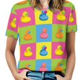 thumbnail image 1 of Colorful Rubber Ducks Pattern Womens Tops Women's Fashion Casual Short Sleeve Flower Print Round Neck Pullover Top Blouse, 1 of 6