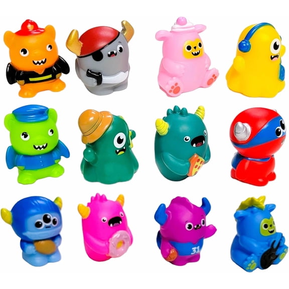 Colorful Rubber Monster Assortment (12 Pack) (2") Guitar Playing, Pirate, Pizza, Donut, Sport, Football, One-Eyed and Other Monsters