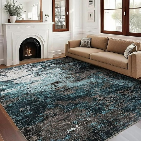 Colorful Rug 9x12 Large Neutral Dining Room Rug with Non-Slip Backing, Stain-Resistant Modern Accent Carpet, Low Pile Floor Cover for Kitchen, Office, Living Room, Blue Green