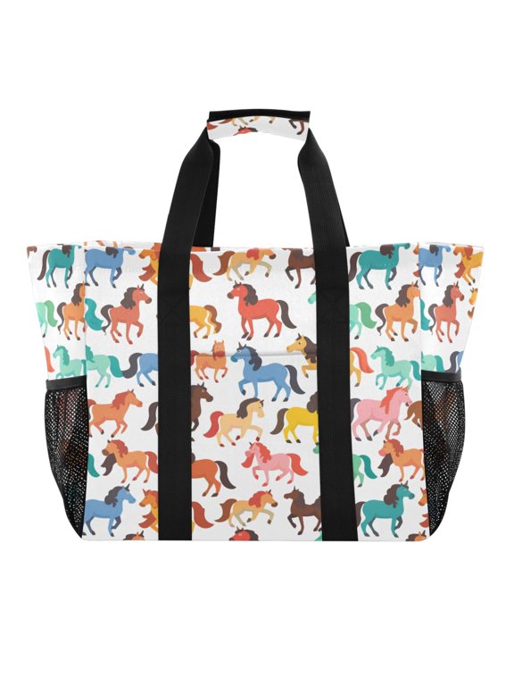 Colorful Running Horses Reusable Grocery Bags with Handle Side Pocket Waterproof Shopping Portable Tote