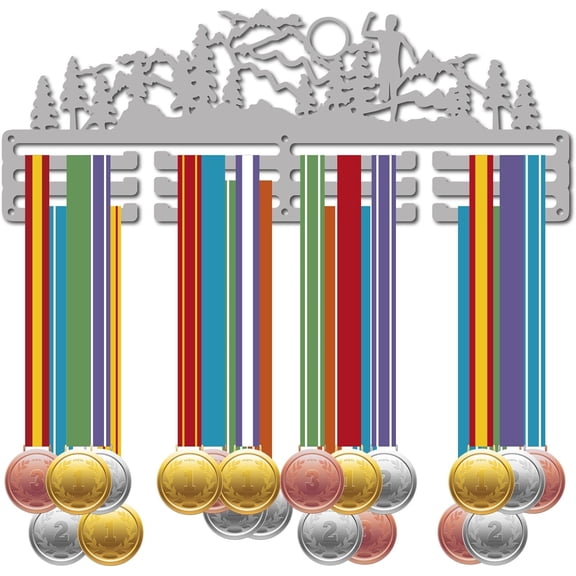 Colorful Running Medal Holder Mountain Medal Hanger Display Sun Trees Birds Wall Rack Metal Silver Sports Race Ribbons Hanging Mount Decor for Runners Marathon Athlete Players 15.7 x 5.9Inch