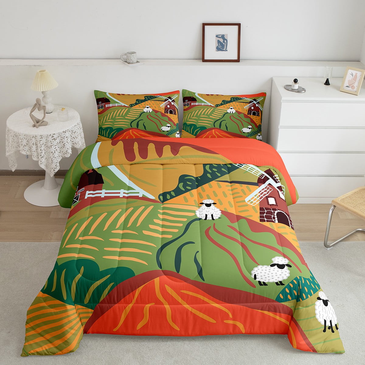Colorful Rural Landscape Comforter Set King Size,Windmill Decor Farmhouse Bedding for Kids Teens