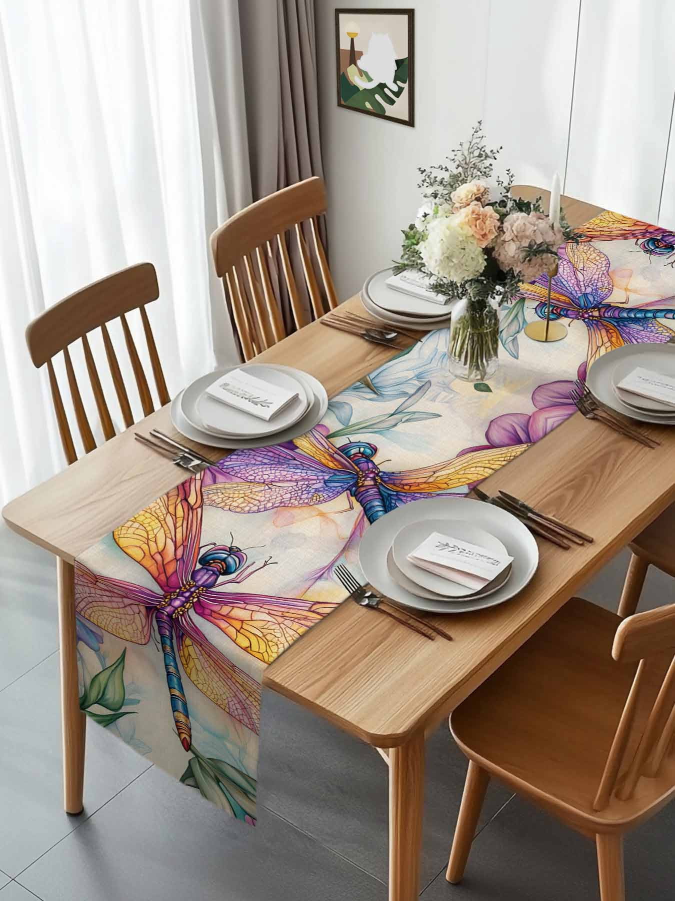 Colorful Rustic Pastoral Dragonfly Table Runner 90 Inches Long, Summer Watercolor Flower Table Runners Tabletop Scarf Kitchen Dining Tables Decoration for Home Party Indoor Outdoor