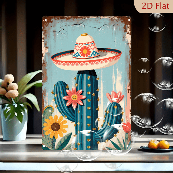 Colorful Rustic Vintage Cactus Art on Tin Metal Wall Decor, 8x12 Inches, Blue-Green Cactus with Golden Stars, Pink Flowers, Sunflower and Sombrero for Farmhouse Kitchen Living Room