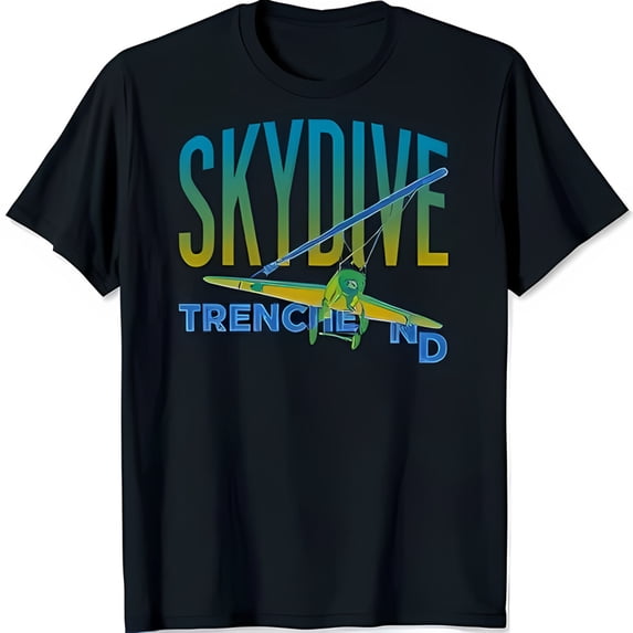 Colorful 'SKYDIVE' Graphic Black T-Shirt with Plane & 'TRENCHTOWN' Design