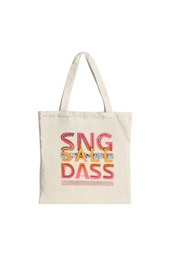 Colorful " SNG SAAL DASS " tote bag with layered text and crowd pattern perfect for parties travel and shopping