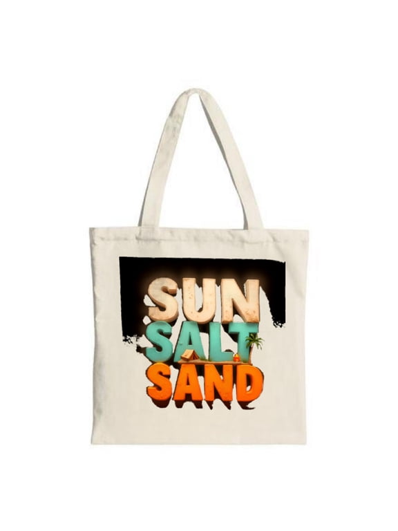 Colorful " SUN SALT SAND " tote bag with a beach theme featuring a palm tree and a person on the shore perfect for travel and shopping