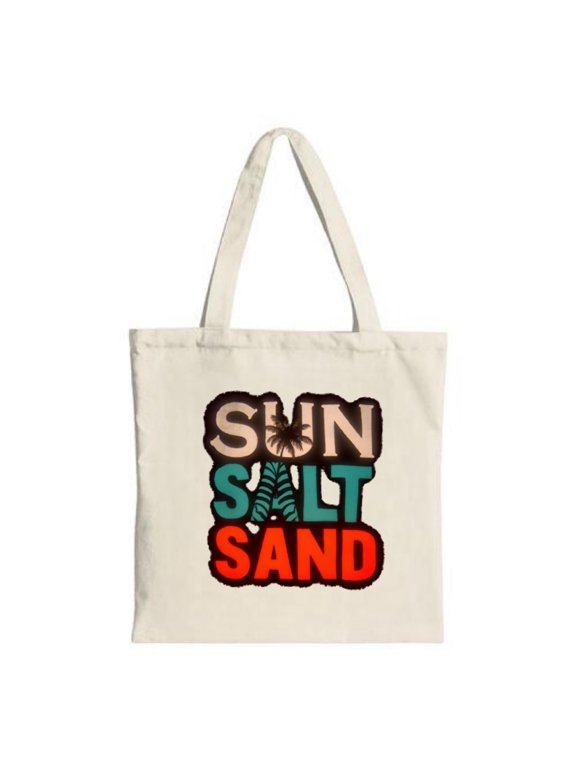 Colorful " SUN SALT SAND " tote bag with bold teal orange and brown text on a background Perfect for shopping travel and parties