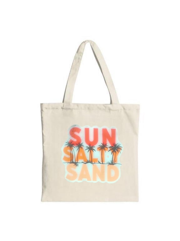 Colorful " SUN SALT SAND " tote bag with palm tree illustrations on a light beige background perfect for shopping travel and parties