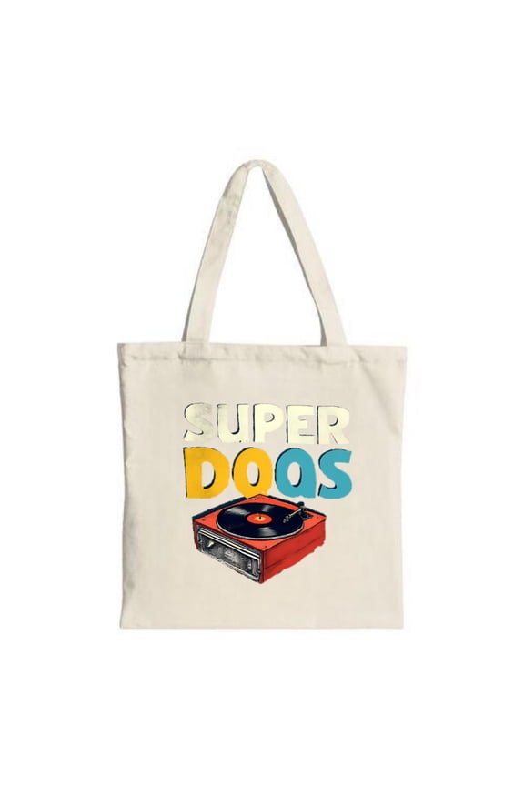 Colorful " SUPER DOOS " tote bag featuring a vintage turntable illustration perfect for shopping travel and parties