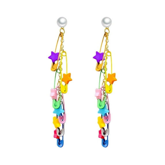 Colorful Safety Pins Threader Dangle Earrings Sterling Silver Pins Stars Tassel Drop Statement Earrings Pearl Studs for Women