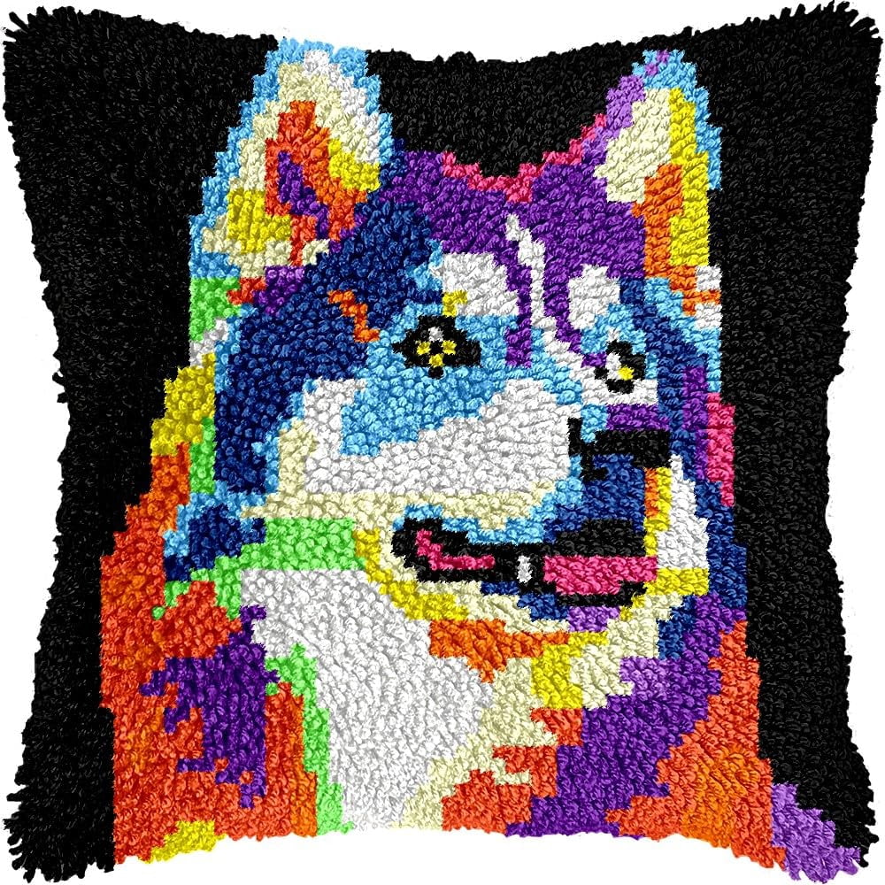 Colorful Samoyed Latch Hook Pillow Kits Pillow Cover Latch Hook Crafts Crochet Knitted Hooking Pillowcase Cushion Crafts Embroidery Latch Hooking Kits Material Set 17x17 inch(156)